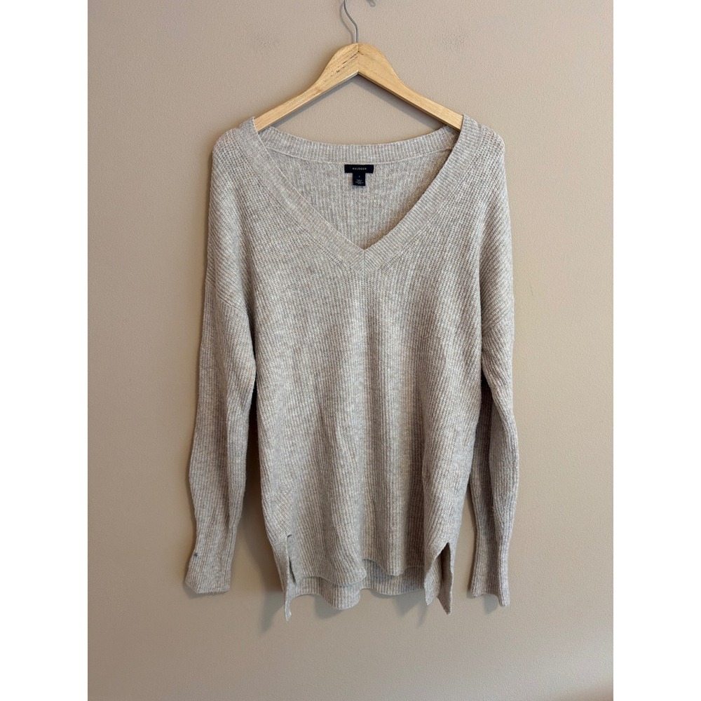 Halogen Womens V-Neck Ribbed Knit Sweater Oatmeal Beige Marl Size Small